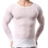 Camisa masculina masculina de camiseta gay camisa de malha de nylon ver através de mangas compridas de roupas íntimas transparentes sexy