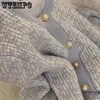 Kadın Örgüleri Wtempo Mavi Sweater Yuvarlak Boyun İnci Düğmesi Cardigan Ladies Uzun Kollu Sıradan Vintage Bol Örgü Üstleri Dış Giyim