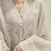 Women's Blouses Shirts French Embroidery Flower Lace Shirt Women's V Neck Sweet Long Sleeve Linen Blouse Women Autumn Loose Elegant Sunscreen Top 16108 P230427