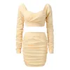 Casual Dresses Sexy 2 Piece Set Skirts Women Autumn Low Cut Long Sleeve Crop Top High Waist Hip Wrapped Skirt Elegant Pleated Party Outfits