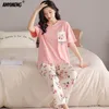 Vêtements de nuit pour femmes Ensemble de pyjamas d'été à manches courtes Pantalons longs Vêtements de nuit pour filles Impression florale Vêtements de nuit Plus la taille 4XL Mode Femme Pijamas 230428