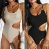 Costumi da bagno da donna 2023 Costume intero da donna solido Costume da bagno intero sexy tagliato nero Costume da bagno stile spiaggia estiva Monokini Tuta femminile