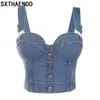 T-Shirt SXTHAENOO Fashion Sexy Denim Jeans Women's Button Bustier Bra Night Club Party Cropped Top Vest Plus Size