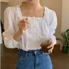 여성용 블라우스 셔츠 새로운 2022 Spring Summer Women 's Blouses 세련된 싱글 가슴 사각형 칼라 퍼프 슬리브 빈티지 솔리드 셔츠 BL3317 P230427