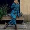 Vestidos casuais azul malha maxi vestido para mulheres moda jacquard manga longa camisola fina outono inverno elegante festa quente 2023