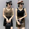 Tanks Nya 2022 Summer Women's Vest Fashion Sexig Casual Leopard Sling Vneck Hot Drill Mesh Tops Back Flower Hollow Lace Tshirt