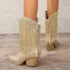 Botas Mulher Sapatos Gold Rock Goth Chunky Mulheres Mid Bezerro Fringe Cristal Luxo Sexy Stripper Saltos Oferta 231127