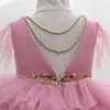 Girl's Dresses Yoliyolei Tiered Layers Tulle Dress Girl Gown Pearls Necklace V Back Design Flower Girl Wedding Clothes for Children Casual 230427