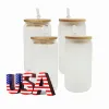 USA / CA Warehouse 16oz Sublimation Tasses en verre Blanks Bambou Bamboo Bière givrée Borosilicate Cupler Mason Jar tasses avec paille en plastique 0428 4.23