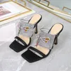 2023 Sommar Nya kvinnors banor Style Glitter Rhinestones Triangle High Heel Sexig Street Square Toe Dress Party Shoes Sandaler