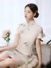 Ethnic Clothing Chinese Girls Sexy Beaded Mandarin Collar Chiffon Qipao Fashion Vintage Women Short Sleeve Cheongsam Dress