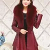 Frauen Leder 2024 Winter Jacke Nähte Faux Pelz Kragen Manschette Mantel Gürtel Schlanke Elegante Warme Dicke Mantel Weibliche