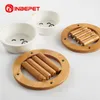 Feeding INBEPET Cat Dog Bowls Stand Ceramic Bowls Dogs Drinking Water Food Bowl Standing Ceramic Bowls Bamboo Elevated Small Pet Feeder