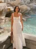 Lässige Kleider Mingmingxi Hohe Qualität Damen Sommerkleid 2023 Leinen-Baumwollmischung Jacquard Elegant Sexy Slip Weiß Urlaub Midi