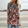 Blusas de Mujer Camisa de Manga Larga con Cuello Redondo para Mujer Tops Moda Casual Estampado de patrón Jersey Suelto Otoño Vintage High Street Streetwear