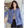 Womens Jackets Tweed Coats Autumn Women Jacket Cropped Tops Short Coat High Quality Round Neck Buttons Blue Outerwear Clothes 231127