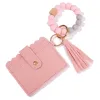 Wholesale PU Leather Favor Bracelet Wallet Keychain Tassels Bangle Key Ring Holder Card Bag Silicone Beaded Wristlet Keychains Handbag