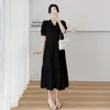 Maternity Dresses 8516# Summer Korean Fashion Maternity Long Dress Ruffle Across V neck A Line Slim Clothes Stylish Pregnancy Clothing 230428