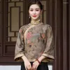 Etniska kläder cheongsam kvinnors plus size topps 2023 vår mode satin tyg tryck skarv stativ krage kinesisk stil qipao