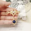 Brooches Retro Baroque Cross Openwork Pearl Brooch Pin Exquisite Sapphire Pendant Coat Collar Corsage For Women Wholesale