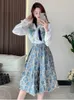 Two Piece Dress Elegant Embroidery Flower Two Piece Set For Women Floral Sequined Bow Collar Blouse Shirt Blue Jacquard Midi Skirt Suits 230428