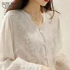 Women's Blouses Shirts French Embroidery Flower Lace Shirt Women's V Neck Sweet Long Sleeve Linen Blouse Women Autumn Loose Elegant Sunscreen Top 16108 P230427