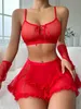 섹시한 세트 Brskbzda 빨간 메쉬 란제리 섹시한 속옷 섹시 패션 여성의 단단한 메쉬 리본 브라 세트 주름 앞치마 세트 장갑 231128