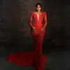 Luxuriöse Aso Ebi-Abschlussballkleider, glitzernde rote Spitze, Meerjungfrau-Abendkleid, Kristalle, Geburtstagsfeier, zweite Empfangskleider, afrikanische Verlobungskleider ST452