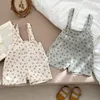 Rompers Spring Summer Toddler Baby Girl Clothes Suit Long Sleeve Cotton ShirtPrinted Strap Shorts Infant Girls Clothing Set 230427