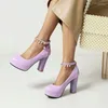 Sapatos de vestido QPLYXCO 2023 Toe redondo roxo rosa azul plataforma bloco salto alto mulheres mary janes com tornozelo pérolas bombas tamanho grande 48