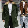 Men's Wool Winter Men Fur Long Woolen Coat Straight Lapel Button Pocket Solid Black Fashion Oversize Office Casual Warm Outwear Tops