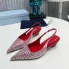 Top Quality Brand Slingbacks Women's Fashion Low Heel Luxury Designer Sandals Crystal Decorative Pointed Dress Shoes Classic Casual Slippers