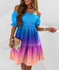 Tong Casual Dresses Short Sleeve Off Neck Fitted Waist Pleated Printed Dress