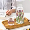 Bottiglie d'acqua Ins Glass Cup Bottle Set Juicy Cold Water Container Home Summer Drinkware Tulips Rose Stampato 750ml Set di teiere 230428