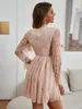 Sukienki zwykłe proste seksowne koronkowe tiul elegancka sukienka na przyjęcie weselne Kobiety letnie marszczenie wieczór różowy mini szata długi rękaw Wyglądaj przez vestid
