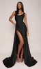 Prom Dresses Black Evening Gown Party Formal Mermaid Scoop Sleeveless Elastic Satin New Custom Lace Up Zipper Plus Size Thigh-High Slits Pleat