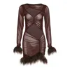 Casual Dresses Brown Hollow Out Tassel Mini Dress Women Fashion See Through Matery Silky Lady Elegant Robe Clubwear Clothing