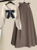 Vestidos casuais básicos outono inverno fragrância luxo conjunto de duas peças para mulheres roupa coreana sofy camisola de malha cintura alta uma linha saias conjuntos 231128