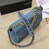 19 Series Metal Handle Designer Flap Shoulder Bag Denim Blue 26cm Diamond Gold Hardware Matelasse Chain With Strap Women Tote Cross Body Handbag Stor kapacitet