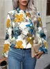 Women's Blouses 2023 Flower Print Lantern Long Sleeves Autumn Boho Sexy High Street Button Hollow Out Round Neck Top Spring Chic