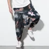 Men's Pants Chinese Style Floral Print Casual Jumpsuit Men's Loose Big Crotch Trendy Hip Hop Suspenders Ankle-tied Jogger