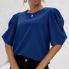 Blouses pour femmes Dames Couleur Unie À Manches Courtes D'été Décontracté En Mousseline De Soie Plissée Manches Bouffantes Col rond Top Porter Au Travail Blusa