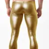 Passar män patent läder täta byxor elastisk midjeband bulge påse skintight byxor leggings stretchy fitness sport byxor klubbkläder