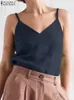 T-shirt Zanzea Kvinnor Elegant V Neck Spaghetti Strap Camis Summer Tank Topps Solid Party Beach Top Casual Loose Cotton Sleeveless Blue