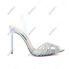 Sandaler Spring/Summer Transparent PVC Pointed Rhinestone Stripe Single Shoes Thin High Heels Bankettklänning stor storlek kvinnors sandal