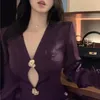 Robes décontractées Vintage col en v Sexy creux mince robe à manches longues femmes 2023 printemps bureau dame violet Satin Mini