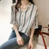 Women's Blouses Shirts Summer Women Shirt Chic Loose Bat Sleeve V-neck Striped Short Sleeve Blouse Female Leisure Fashion Korean Top Clothes H9005 230428