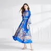 Retro kwiatowy niebieski impreza maxi sukienka designerska szata długi rękaw stojak kołnierz wysokim talii Dopasowane sukienki 2023 FILL ELEGANT ELEGANT LACE UP STROCKS