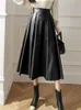 Skirts Seoulish Autumn Winter PU Faux Leather Women's Umbrella Skirts Solid High Waist Pleated A-Line Skirts Ladies Female 230428