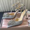 Projektant sukienka buty Mach satynowe sandały damskie moda miłość Rhinestone klamra szpilki pantofle 9.5cm sandały na wysokim obcasie rzymskie szpiczaste palce buty 35-42